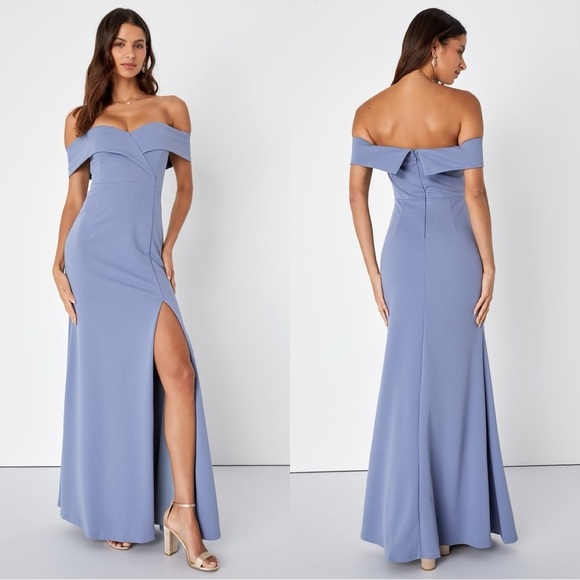 Sz XS - NWOT Lulus‎ Song of Love Blue Grey Off-the-Shoulder Maxi Dress - Picture 1 of 6